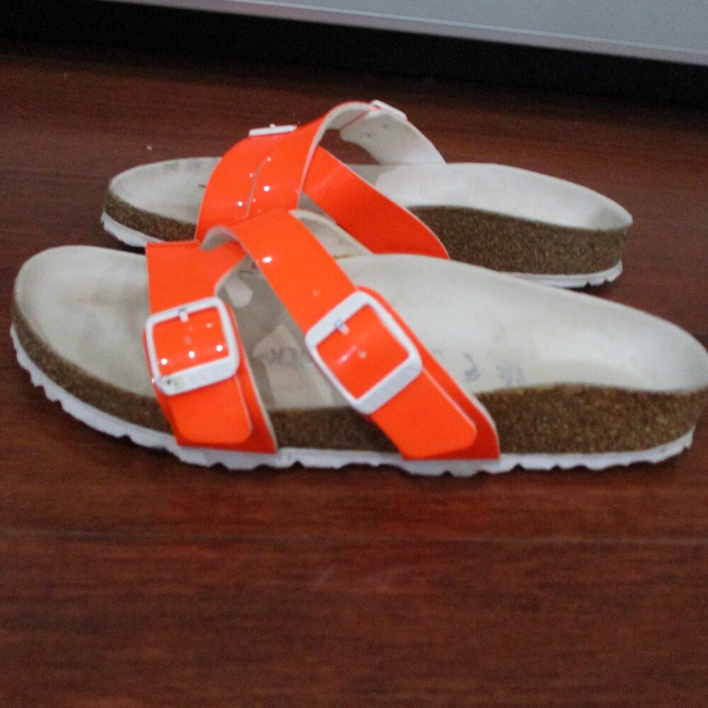 Birkenstock Orange Patent White Buckle Sandals - Picture 4 of 11